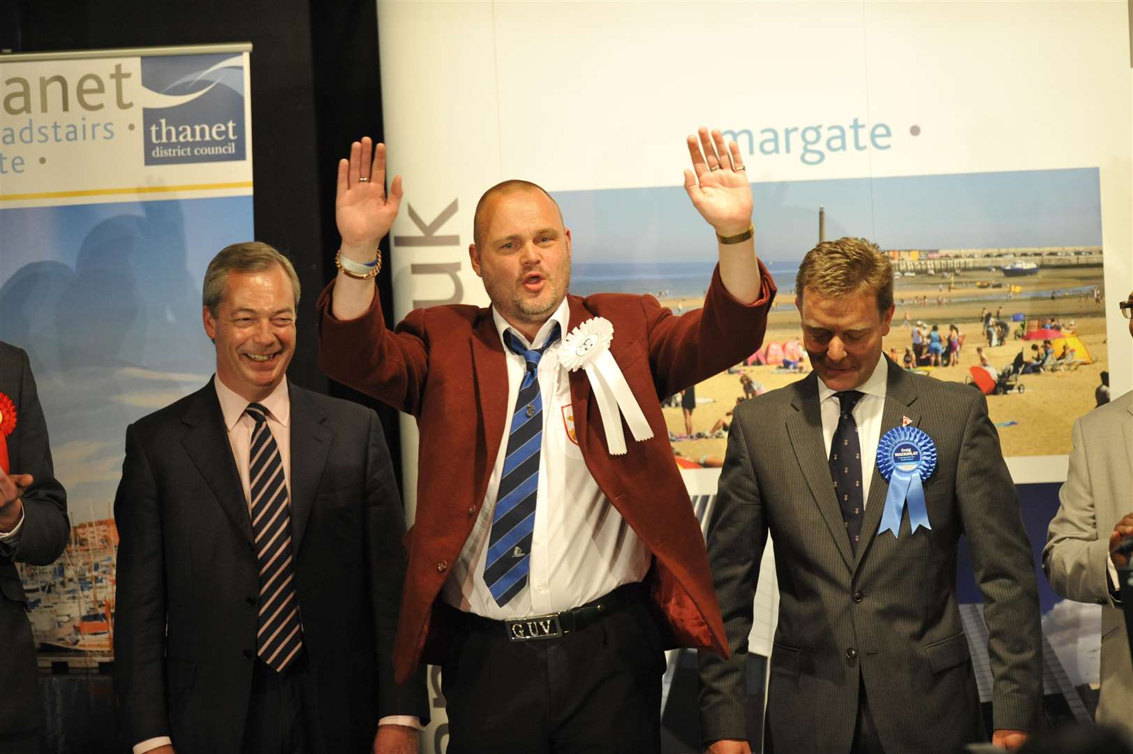Craig Mackinlay, right, at the count for the 2015 general election when he beat comedian Al Murray, centre, and former Ukip leader Nigel Farage to the South Thanet seat