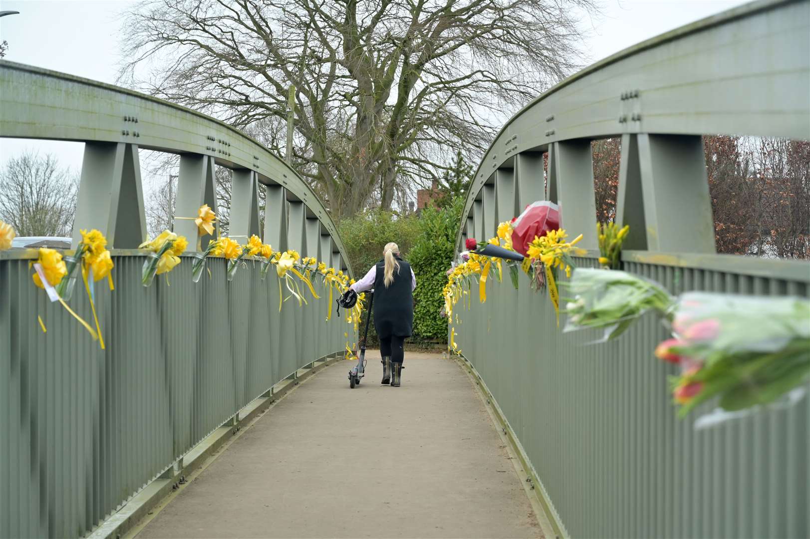 Flowers, and ribbons on a bridge over the River Wyre in St Michael’s on Wyre, Lancashire where Nicola Bulley’s body was found (PA)