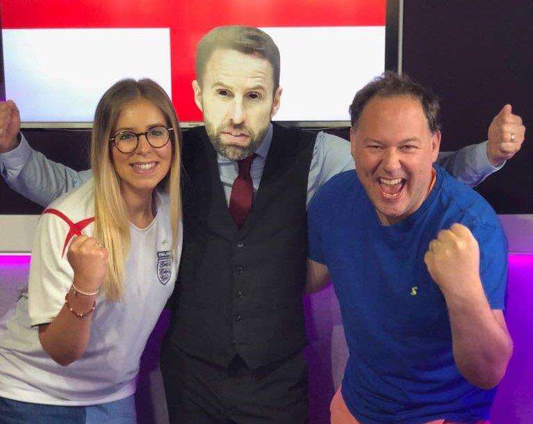 kmfm's Garry Wilson and Laura Crockett preparing for the England match