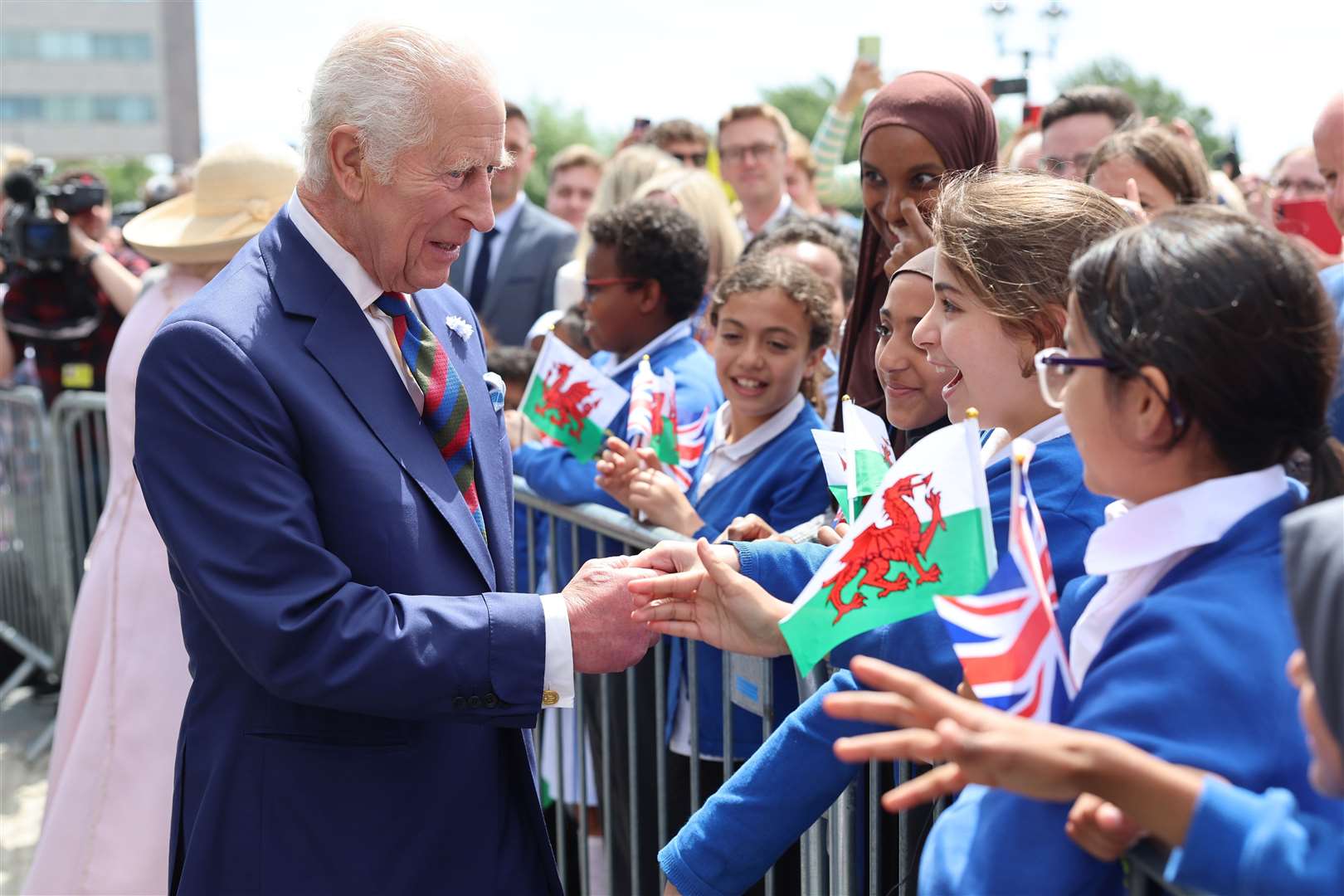 Charles meets schoolchildren after his visit to the Senedd in Cardiff to mark its 25th anniversary on July 11 2024 (Chris Jackson/PA)