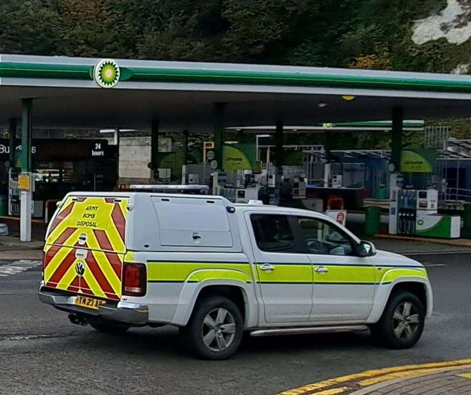 An Army bomb disposal vehicle at the Limekiln petrol station at Limekiln Street