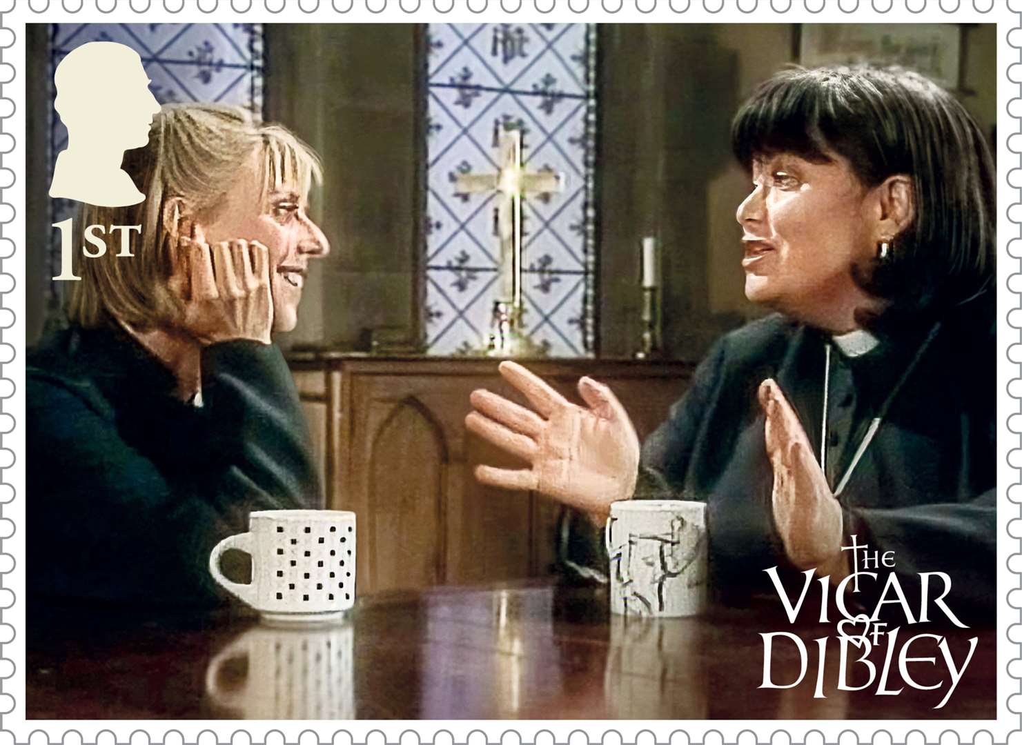 Geraldine attempts to tell Alice a joke over a cup of tea in the vestry on the other first-class stamp