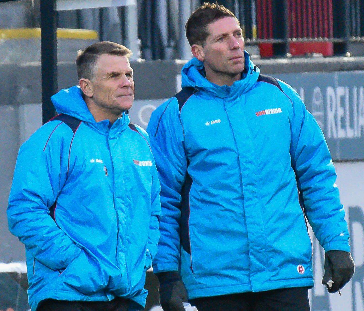 Andy Hessenthaler and coach Nicky Southall look on against Gateshead Picture: Alan Langley