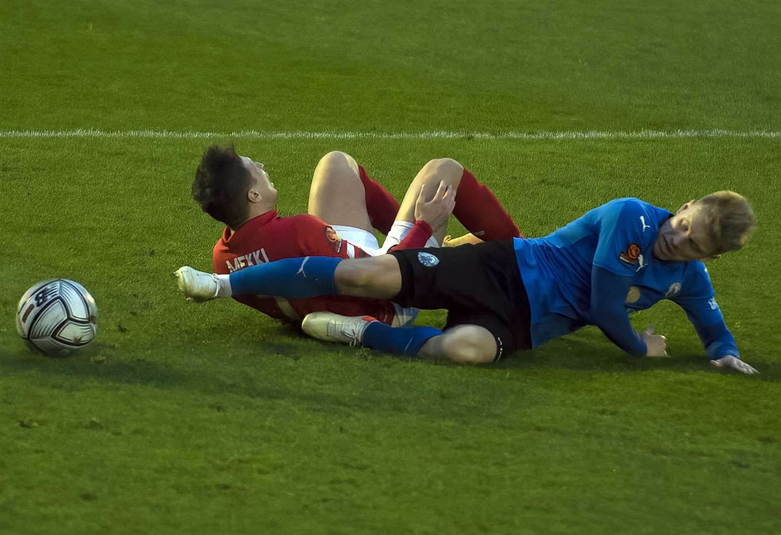 Adam Mekki is floored by a Billericay challenge on Tuesday. Picture: Ed Miller/EUFC (53987230)