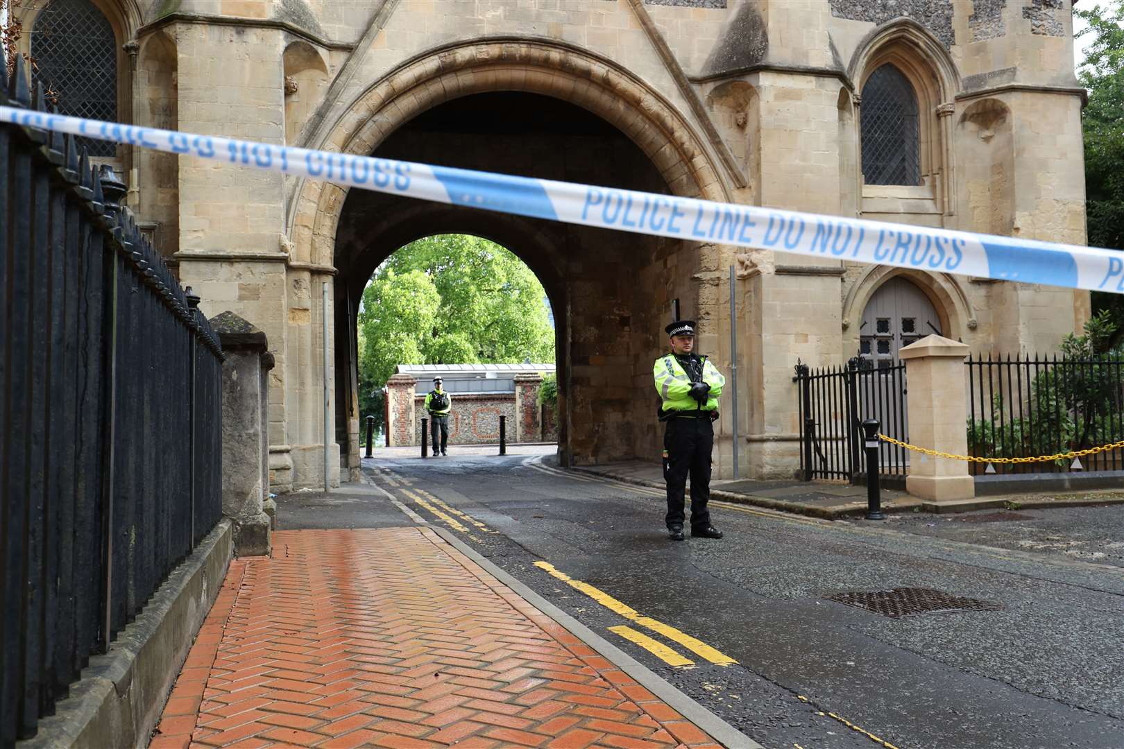 Police at the Abbey gateway of Forbury Gardens (Jonathan Brady/PA)