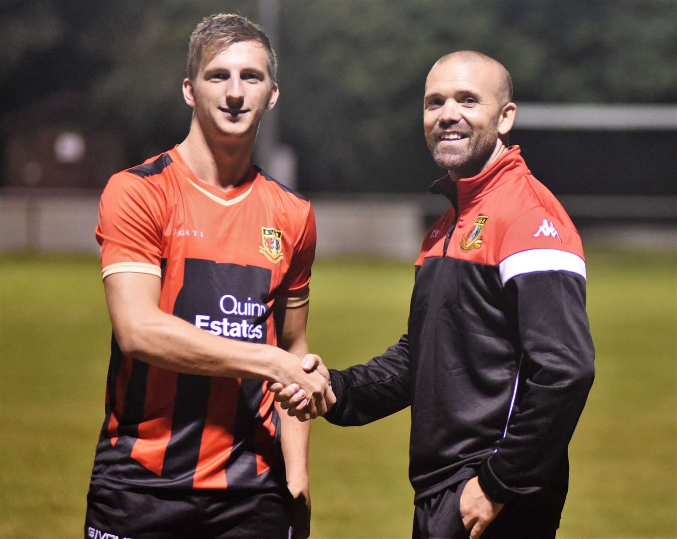 Sittingbourne boss Darren Blackburn with striker and new captain Kane Rowland Picture: Ken Medwyn