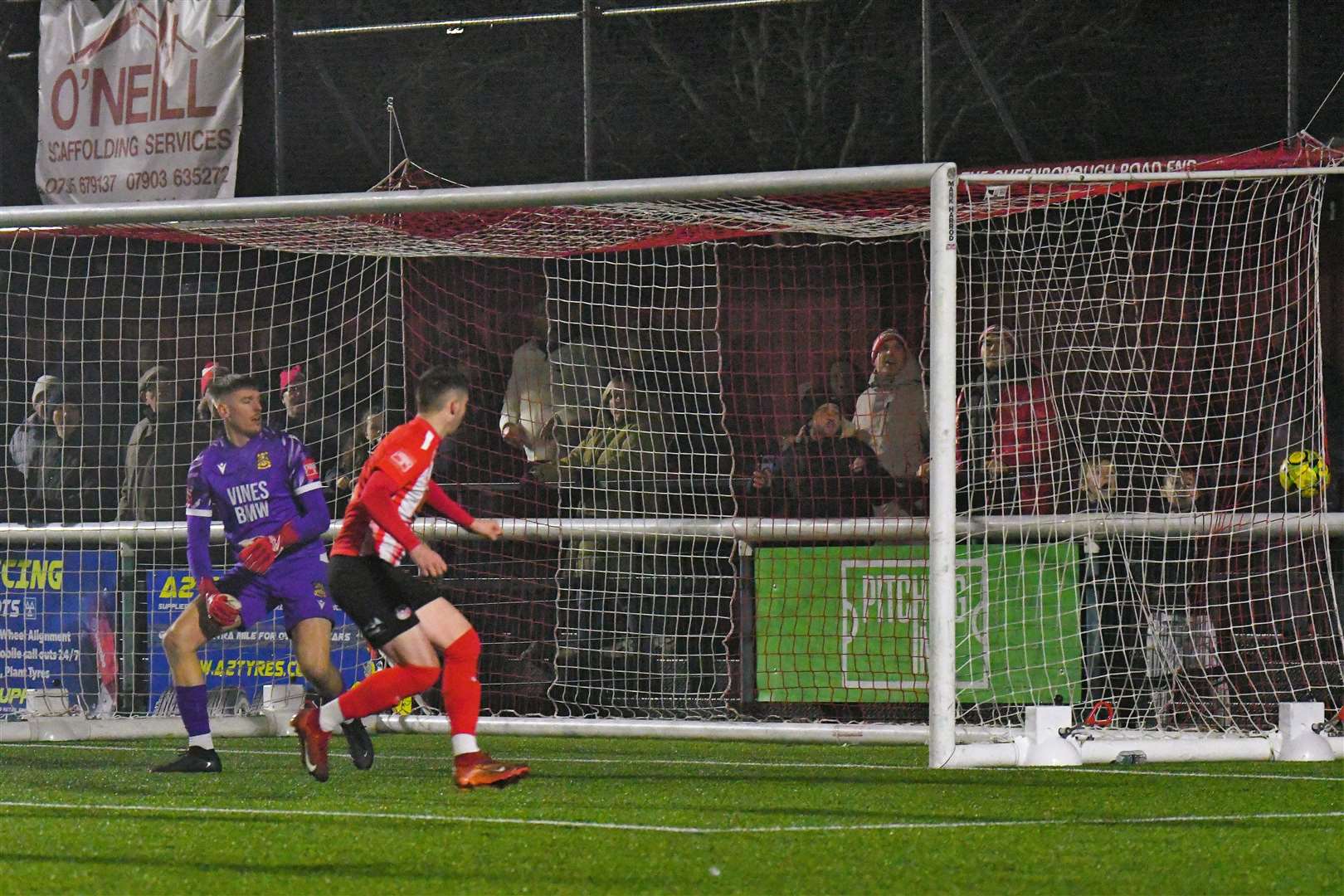 Dan Bradshaw scores a late second for Sheppey in their 3-2 defeat by Three Bridges. Picture: Marc Richards