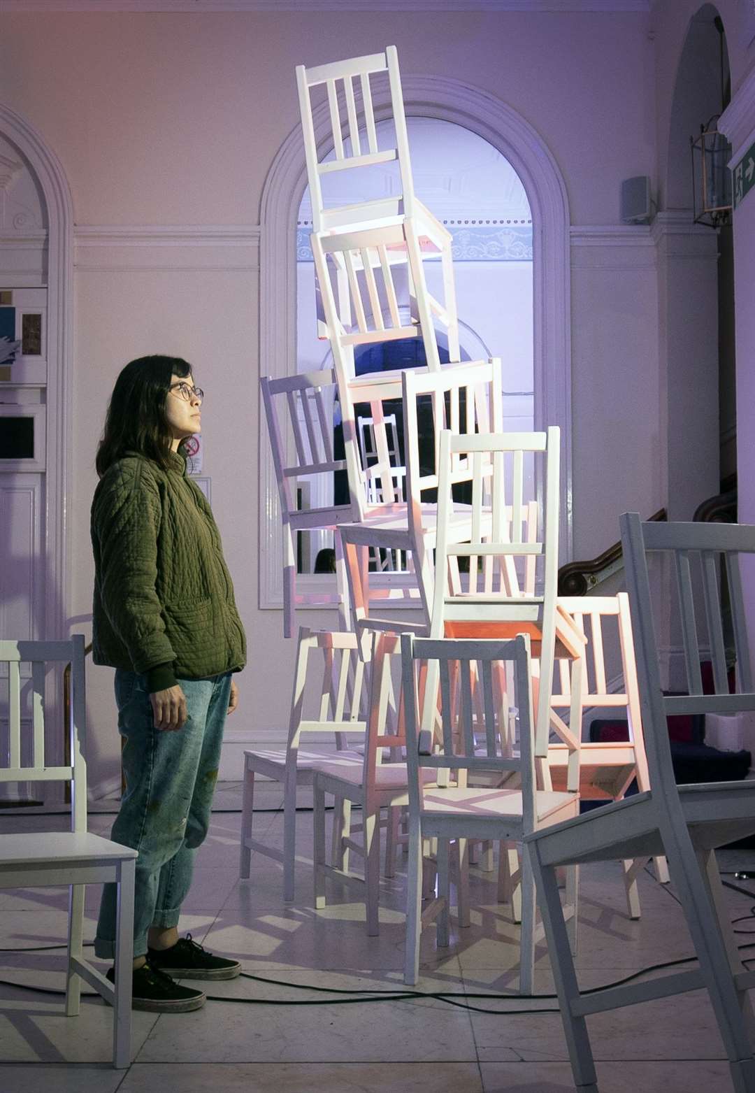 Set and costume designer Christine Urquhart with the installation (Jane Barlow/PA)