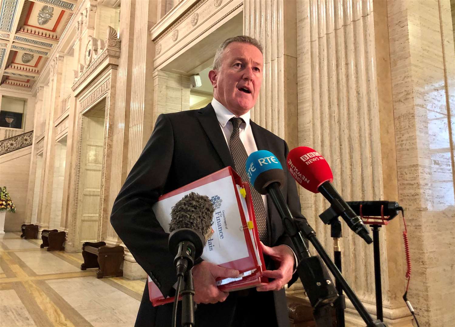 Finance Minister Conor Murphy speaking at a press conference at Parliament Buildings in Belfast (David Young/PA)