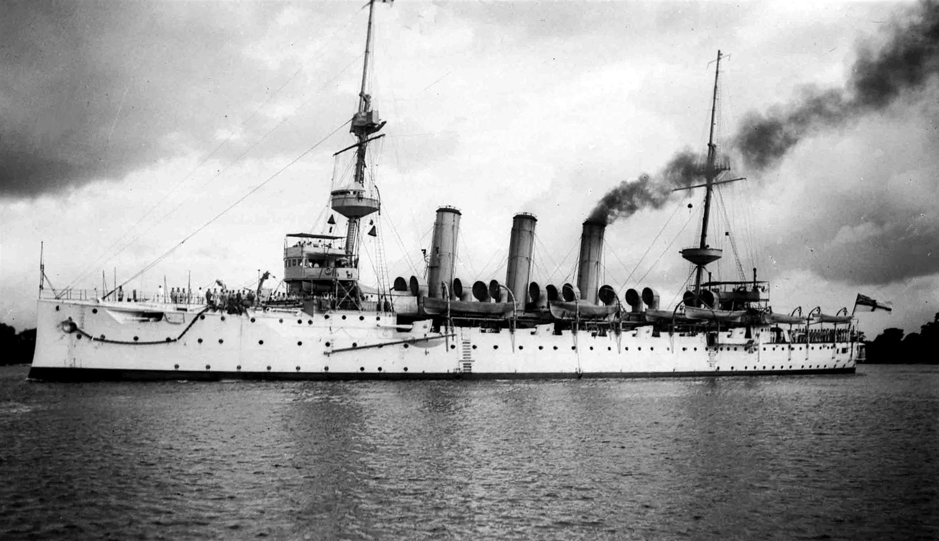 HMS Hermes sunk in 1914 when she was hit by a German submarine off Dover