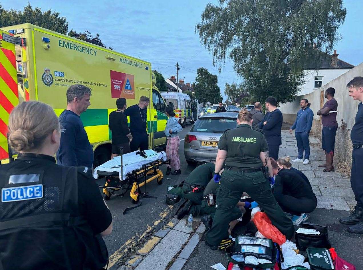 Paramedics treat Resham Singh after an XL bully attack in Lingfield Road, Gravesend last Tuesday (July 2). Photo: Bobby Dhanda