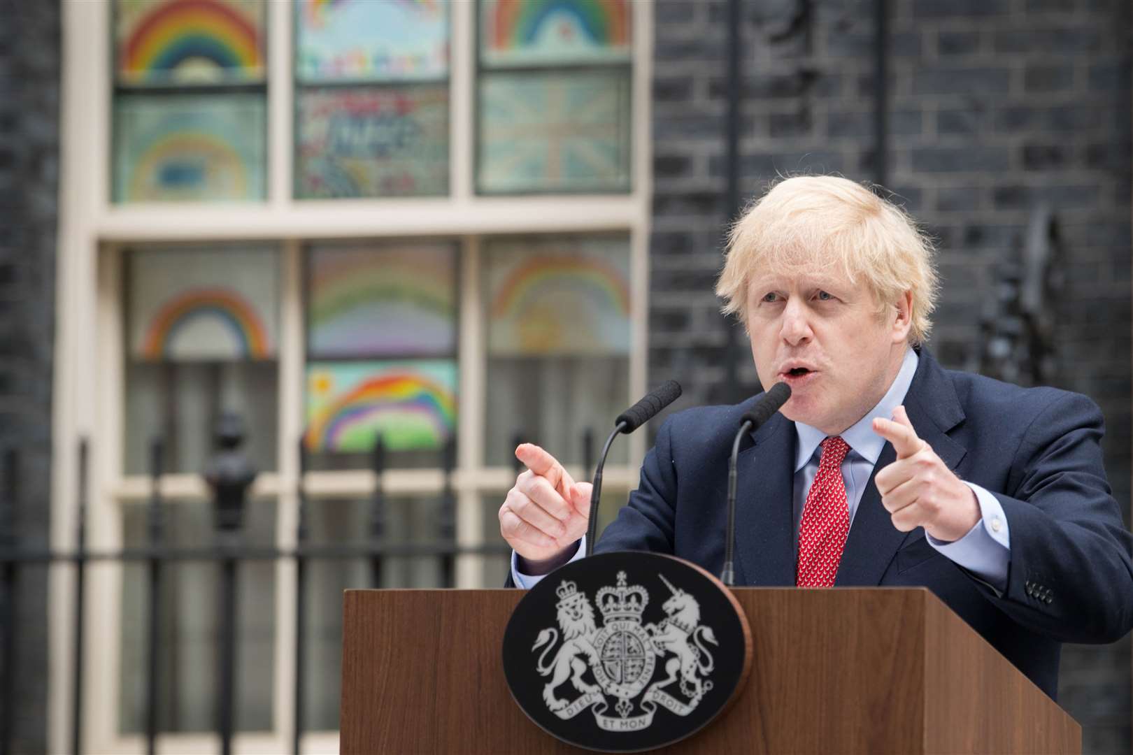 Prime Minister Boris Johnson made his return to Downing Street this week after recovering from coronavirus – with rainbows clearly on display in the background (Stefan Rousseau/PA)