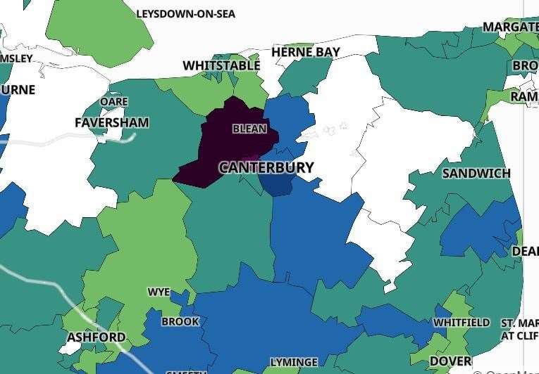 Almost one in 100 people in parts of Canterbury are testing positive - but other Kent neighbourhoods (seen in white on the map) are virtually Covid-free