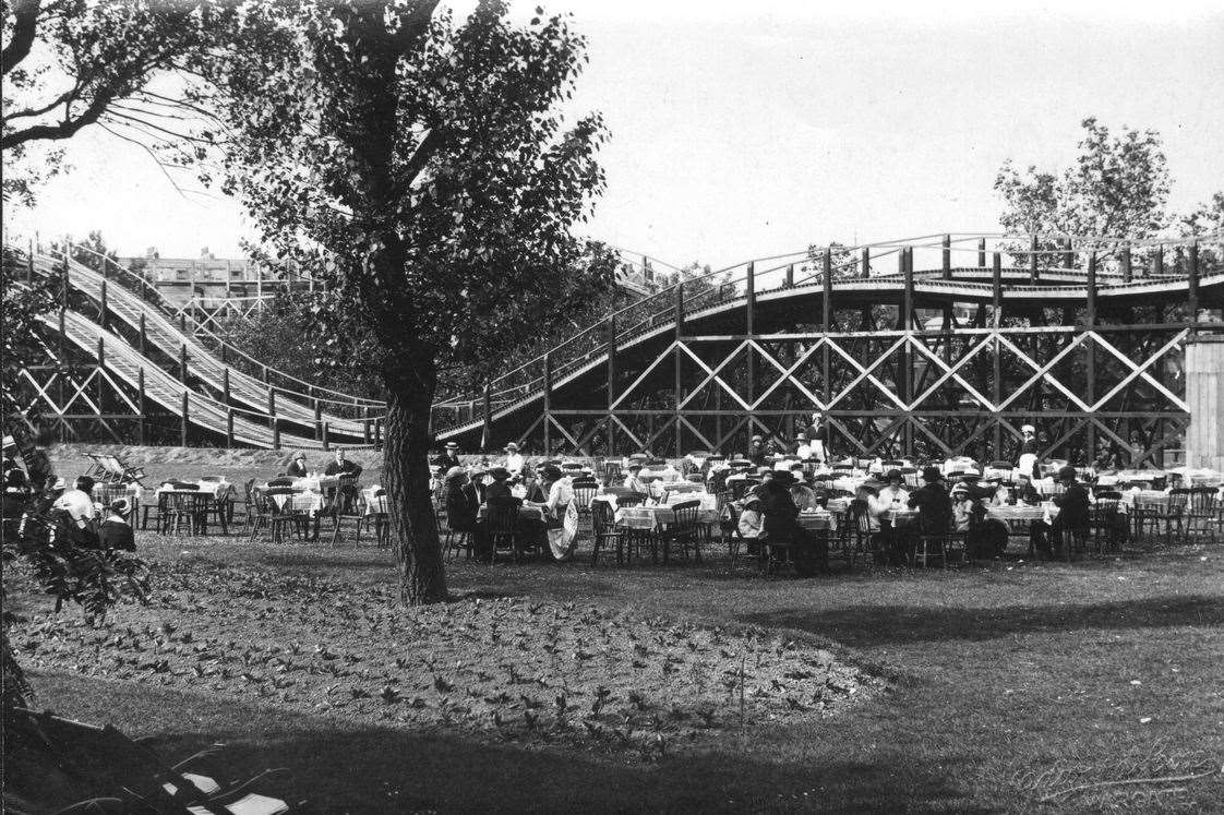 Lunching under the Scenic Railway, 1922. Picture: John Hutchinson Collection courtesy of the Dreamland Trust.