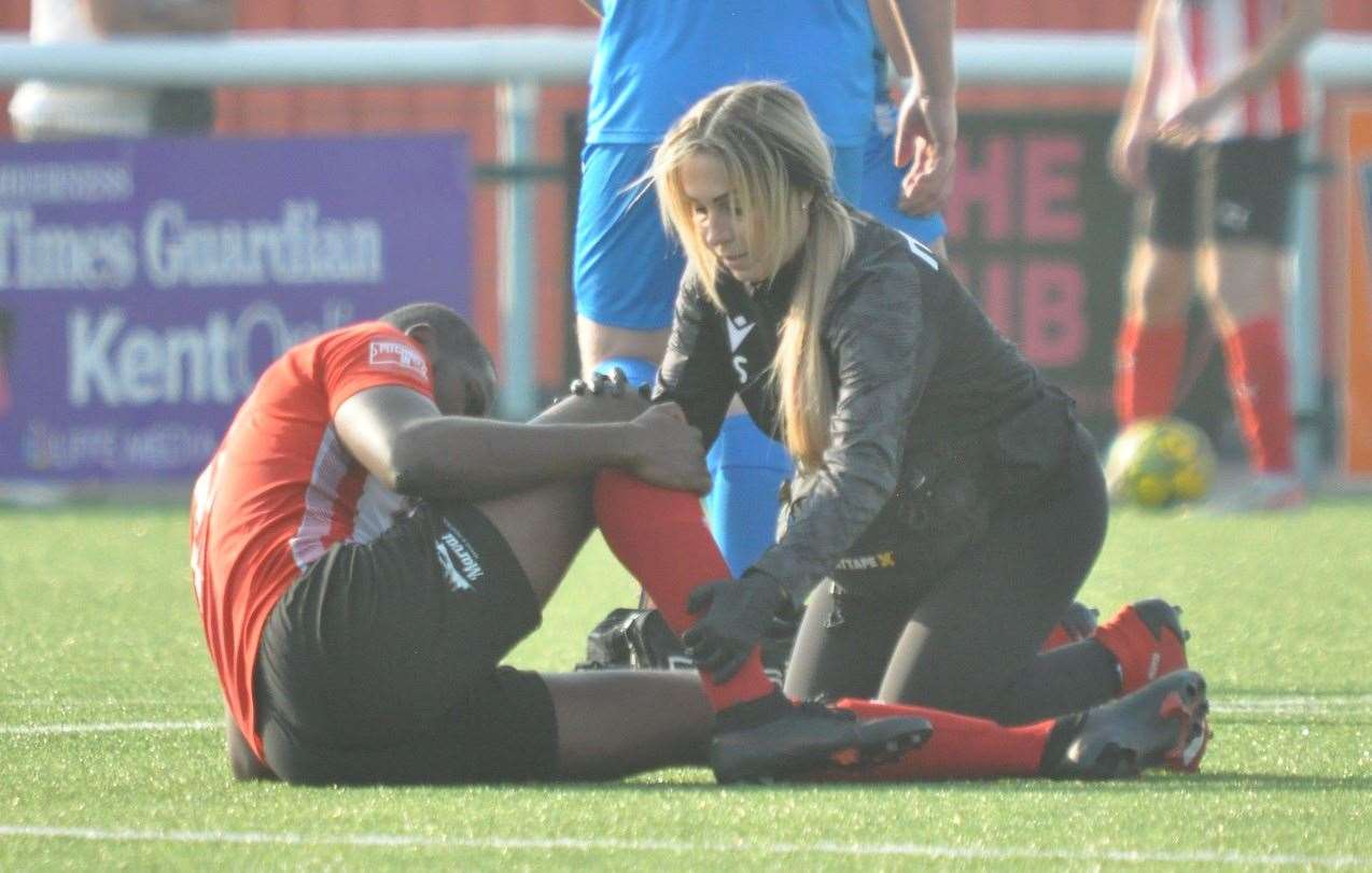 Sheppey striker Dan Carr receives treatment after suffering an injury at the weekend Picture: Paul Owen Richards