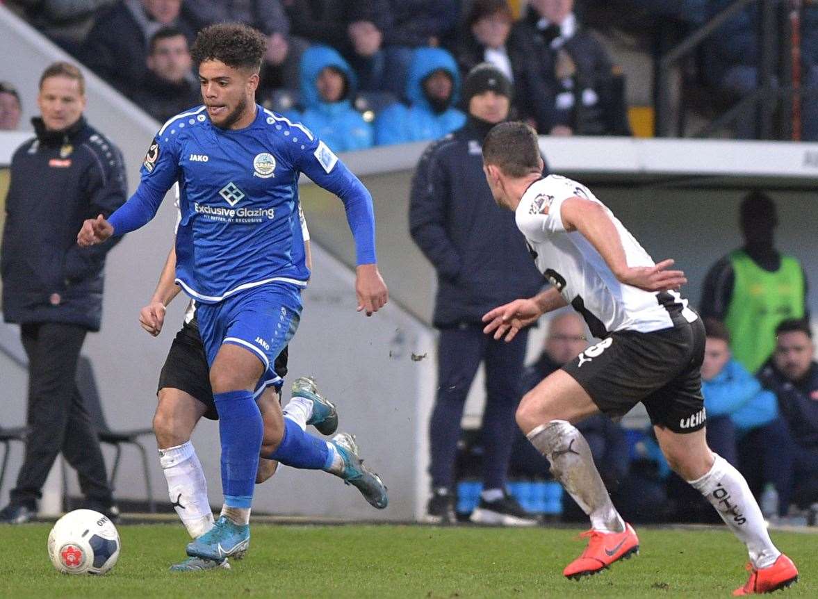 Josh Passley drives forward for Dover in their goalless draw at Notts County last weekend Picture: B&O Press Photo