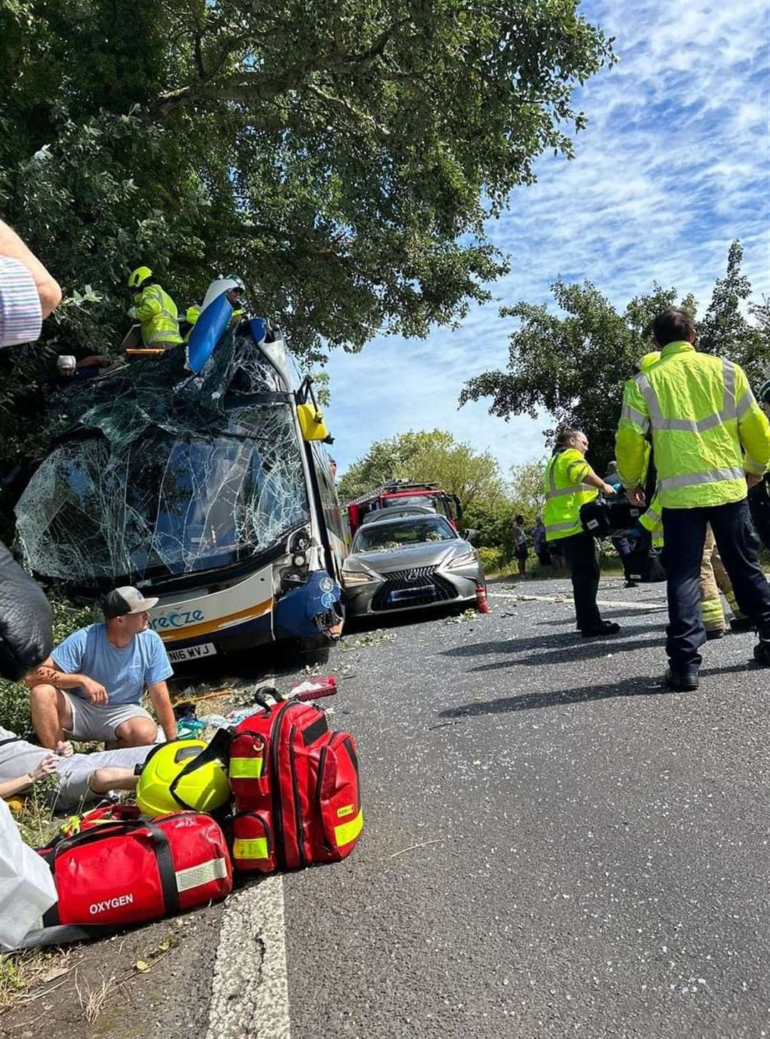 The scene of the bus and car crash on A28 Canterbury Road near Sarre. Photo: Jessica Grant