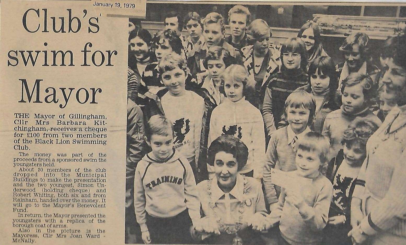The club presented the Mayor of Gillingham Cllr Barbara Kitchingham with a cheque for £100 in January 1979. Picture: Black Lion Swimming Club