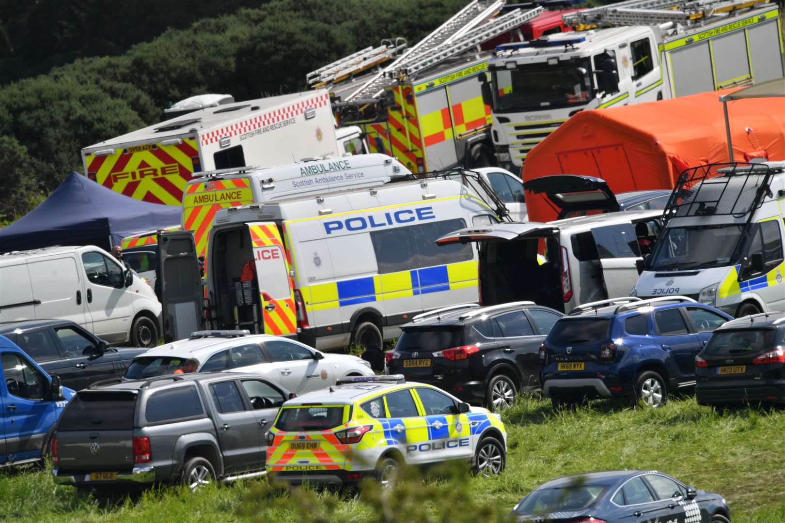 Emergency services at the scene near Stonehaven (Ben Birchall/PA)