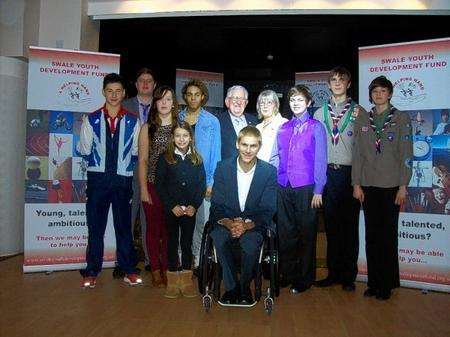 Left to right: Ross Wilson, Perry Martin, Lydia Scott, Molly Bushell, Conner Williams, Swale Youth Development Fund (SYDF) patron Bill Boggia, SYDF trustee Steve Brown, SYDF chairman Carole Nealey, Toby Turpin, Katie Marshall, Dan Ottaway.