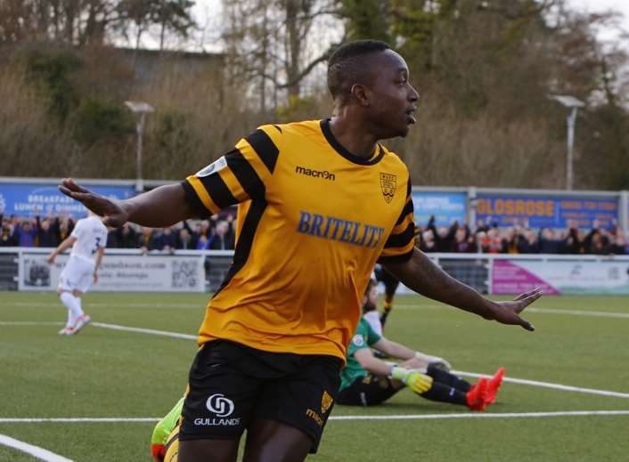 Jamar Loza celebrates scoring for Maidstone last season Picture: Andy Jones