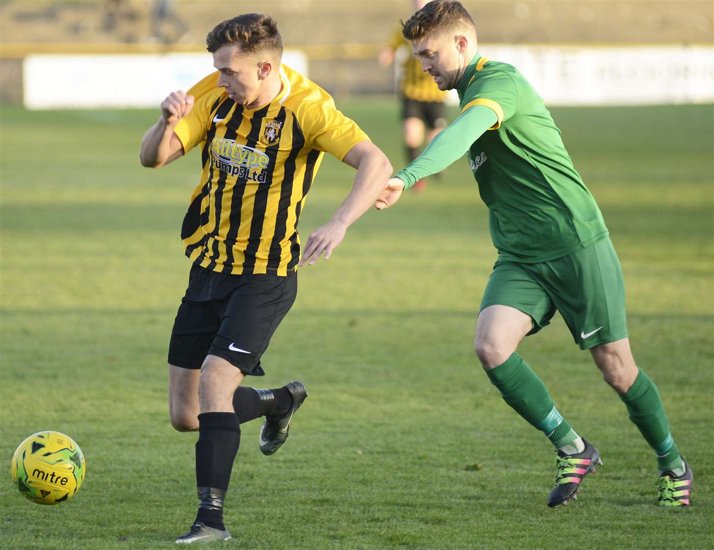 Folkestone striker Johan ter Horst keeps Horsham at bay on Saturday Picture: Paul Amos