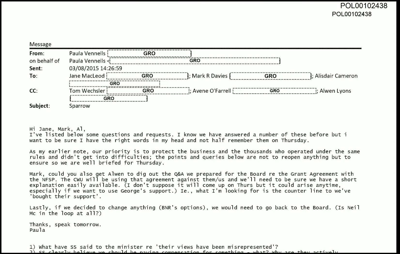 An email from former Post Office boss Paula Vennells to Alisdair Cameron, Mark Davies and Jane MacLeod, which was shown during the evidence (Post Office Horizon IT Inquiry/PA)