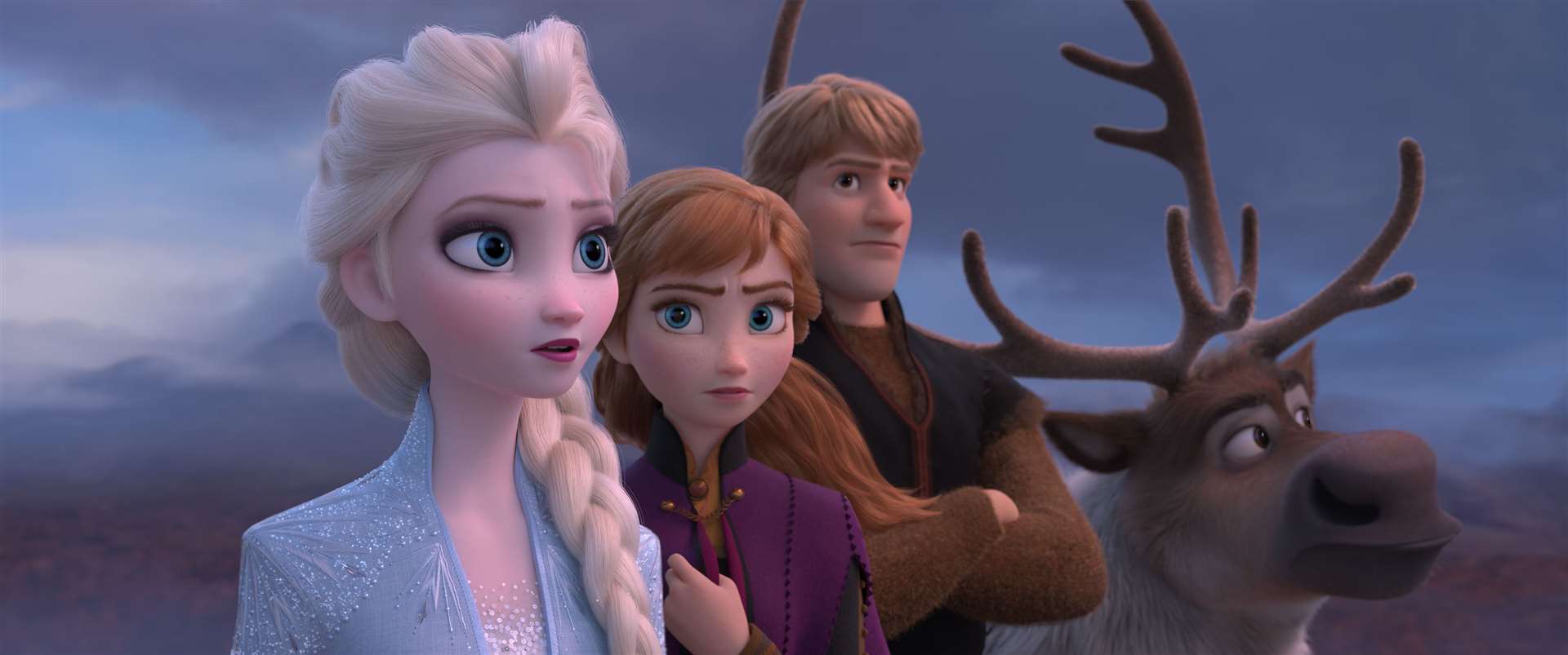 Elsa (voiced by Idina Menzel), Anna (Kristen Bell), Kristoff (Jonathan Groff) and Sven the reindeer are reunited for Frozen 2 Picture: Disney
