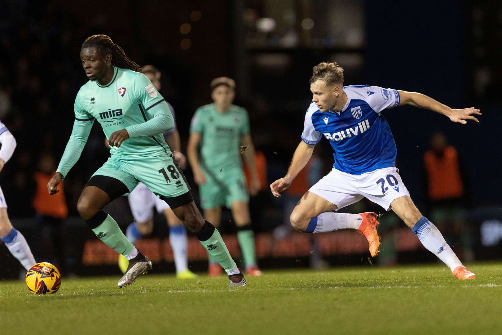 Elliott Nevitt hunts down a Cheltenham Town defender at Priestfield Picture: @Julian_KPI