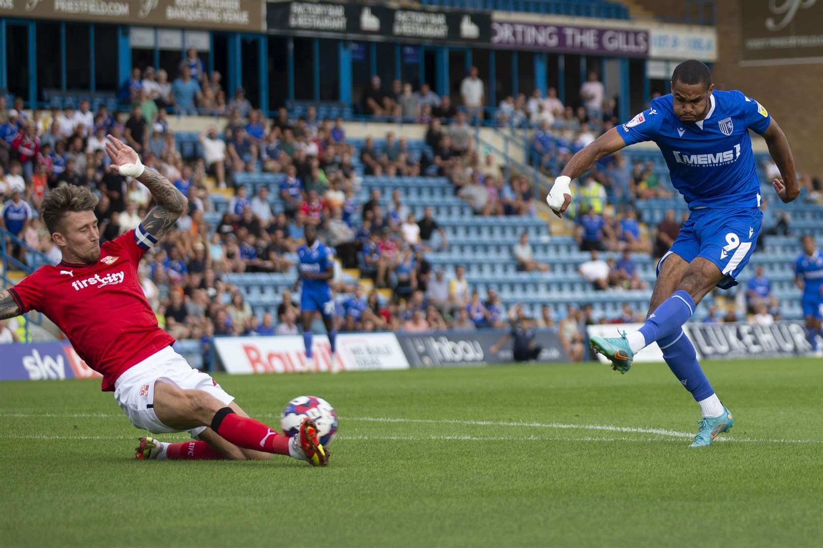 Mikael Mandron with an effort on goal against Swindon Town. Picture: KPI