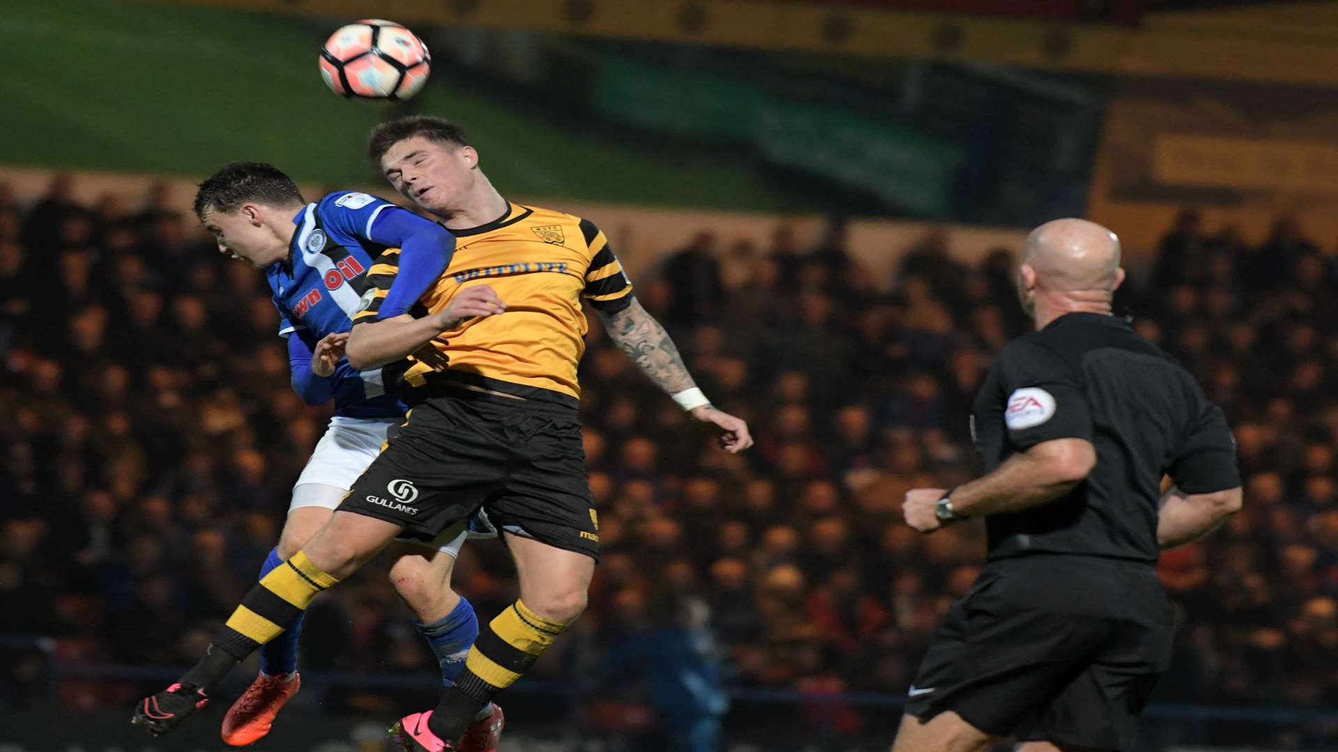 Jack Paxman challenges in the air against Rochdale. Picture: Barry Goodwin