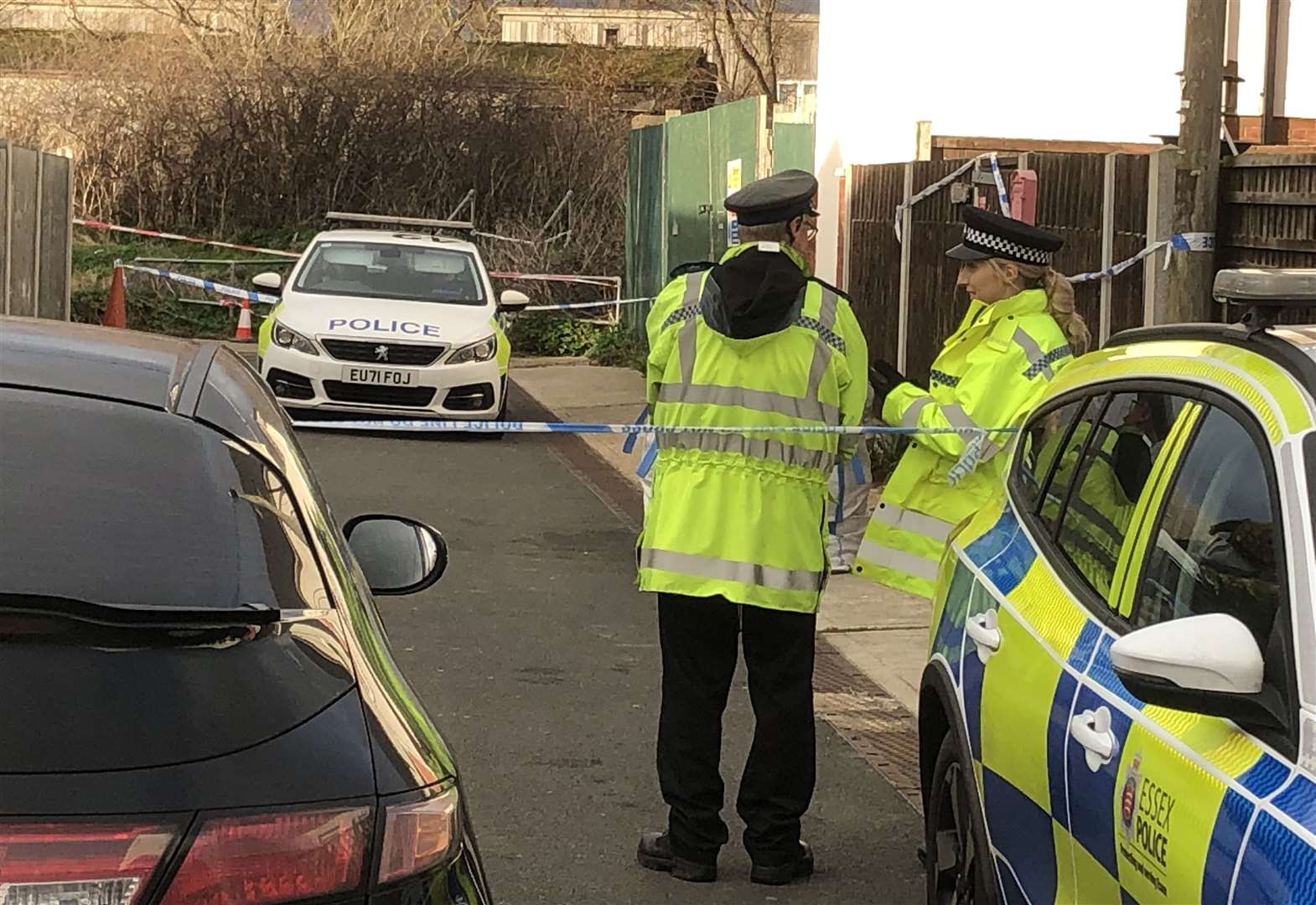 The police cordon in Hillman Avenue, Jaywick, after 68-year-old grandmother Esther Martin was savaged to death by two dogs (Gwyn Wright/PA)