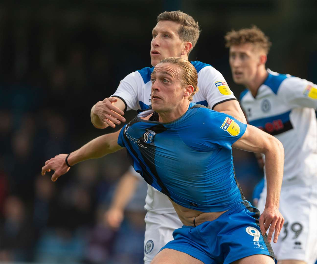 Jim McNulty has a grip of Tom Eaves in the penalty area Picture: Ady Kerry