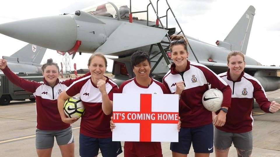 The RAF and RAF Coningsby station women’s football teams sent good luck messages to the Lionesses (RAF/PA)