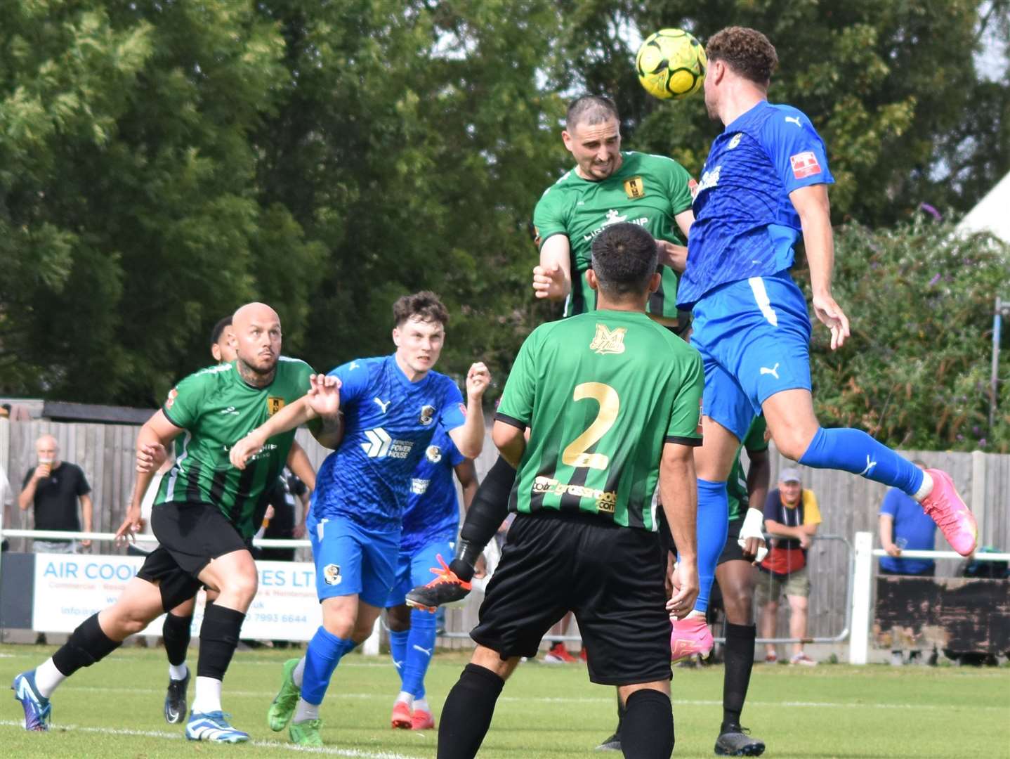 Cray Valley in defensive mode against Dartford during their Isthmian Premier season-opener. Picture: Alan Coomes