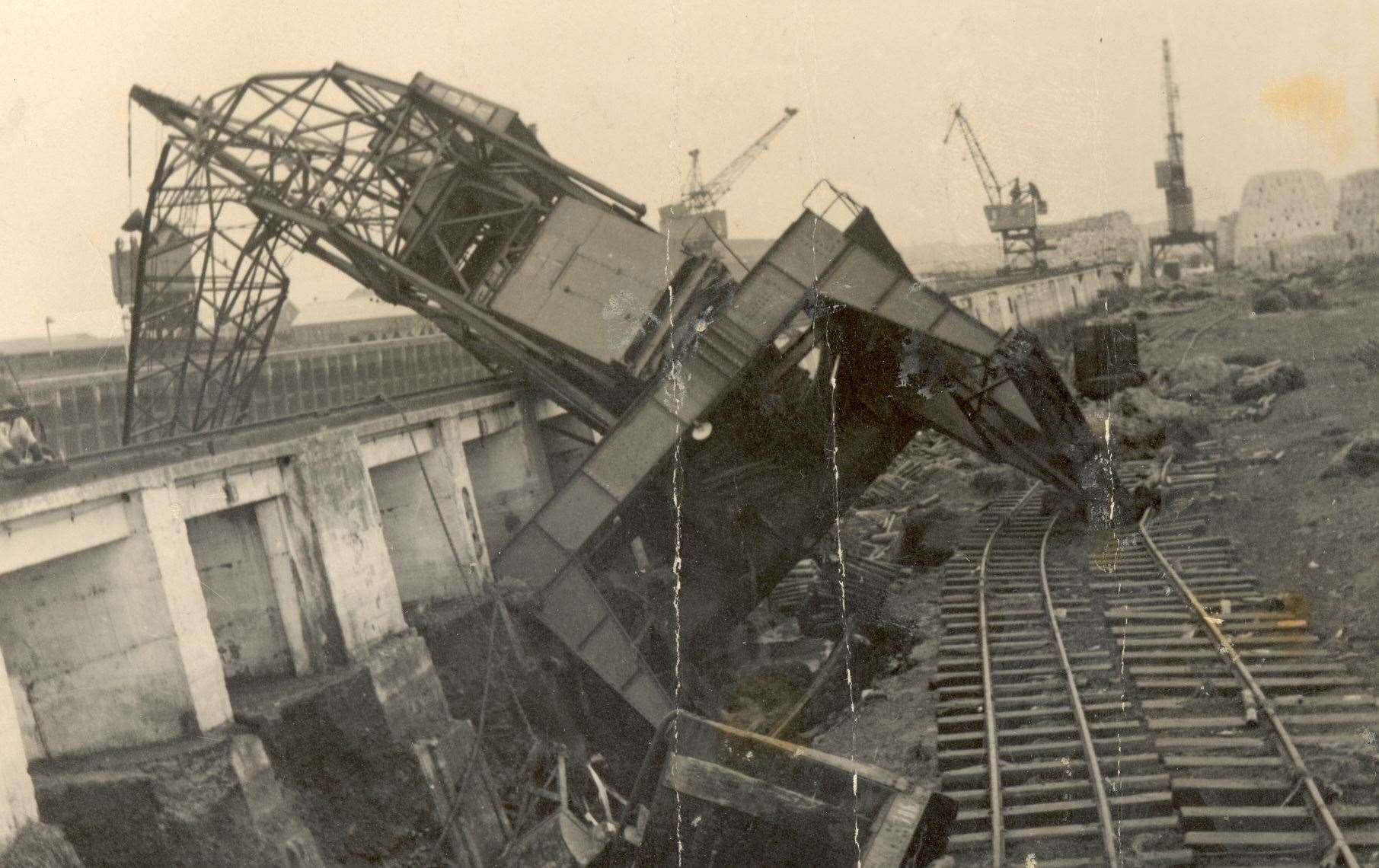 An overturned crane at Ridham Dock in Sittingbourne