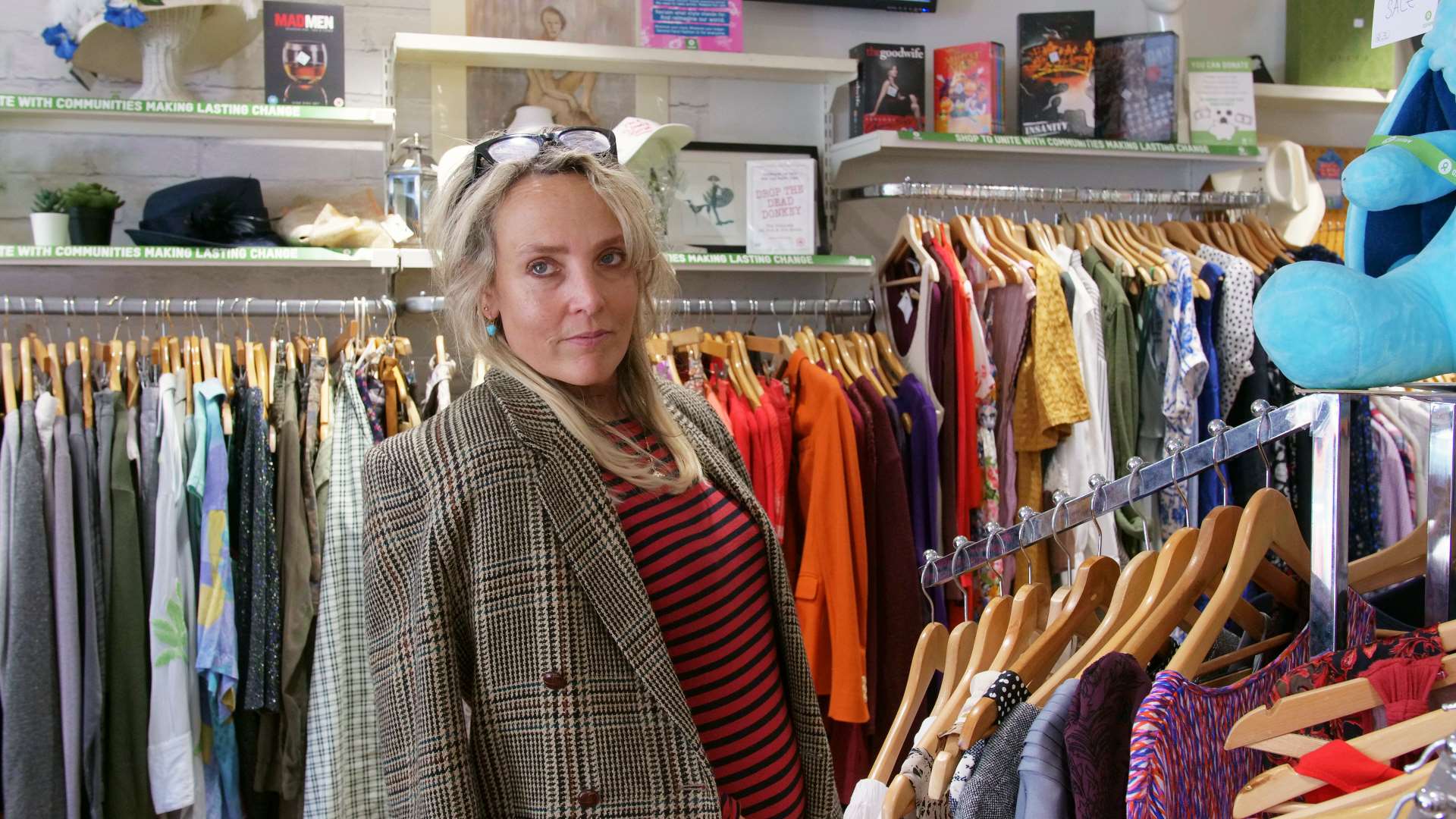 Bay Garnett at the Oxfam shop in Notting Hill, London as she puts together looks for the charity’s September runway show (Amber Ahmad/Oxfam/PA)