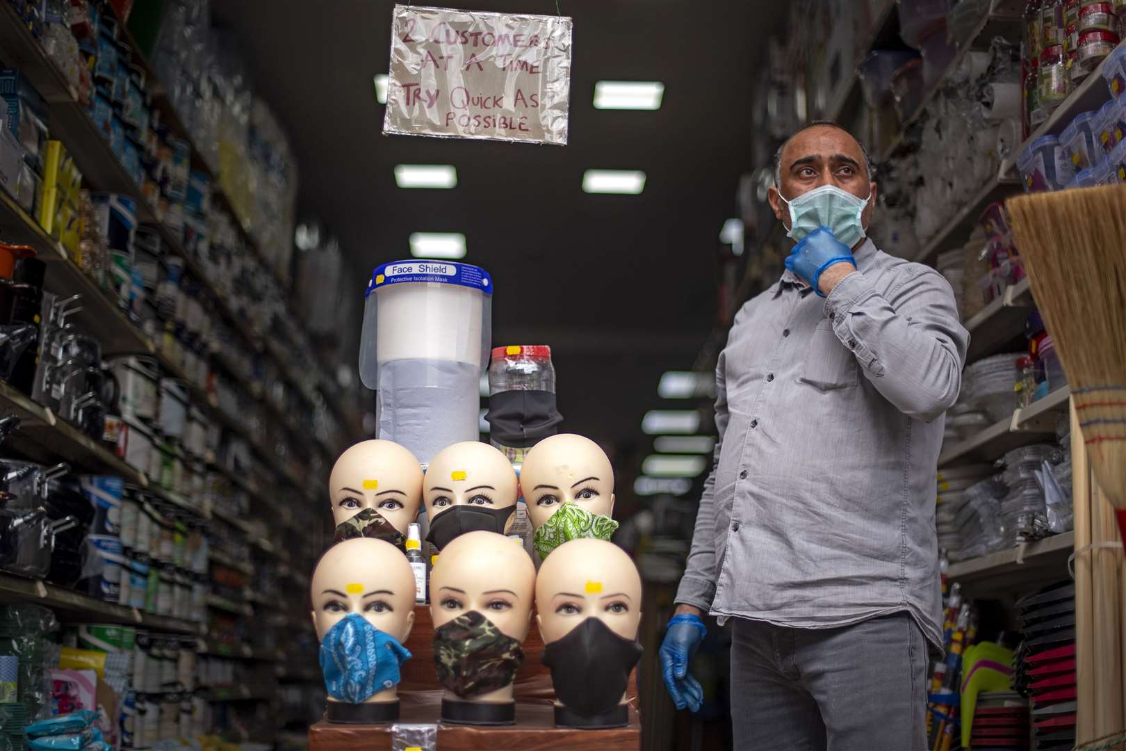 An assortment of face masks for sale at a hardware shop in Walthamstow, East London (Victoria Jones/PA)