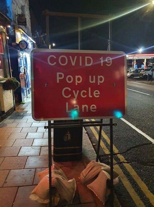 The pop up cycle lane was constructed over night and runs outside TJ's pub in Milton Road, Gravesend