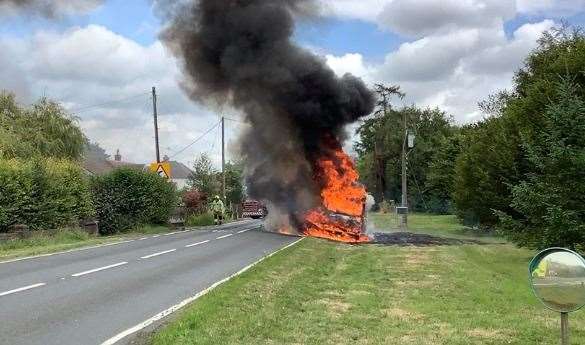 The ice cream van caught alight outside a garden centre. Picture: Serena Shirley