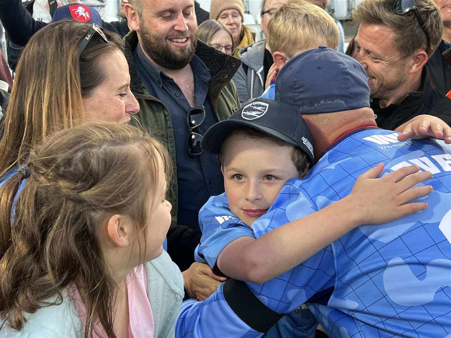 Dad's the way to do it - a victory hug for Darren Stevens. Picture: Barry Goodwin