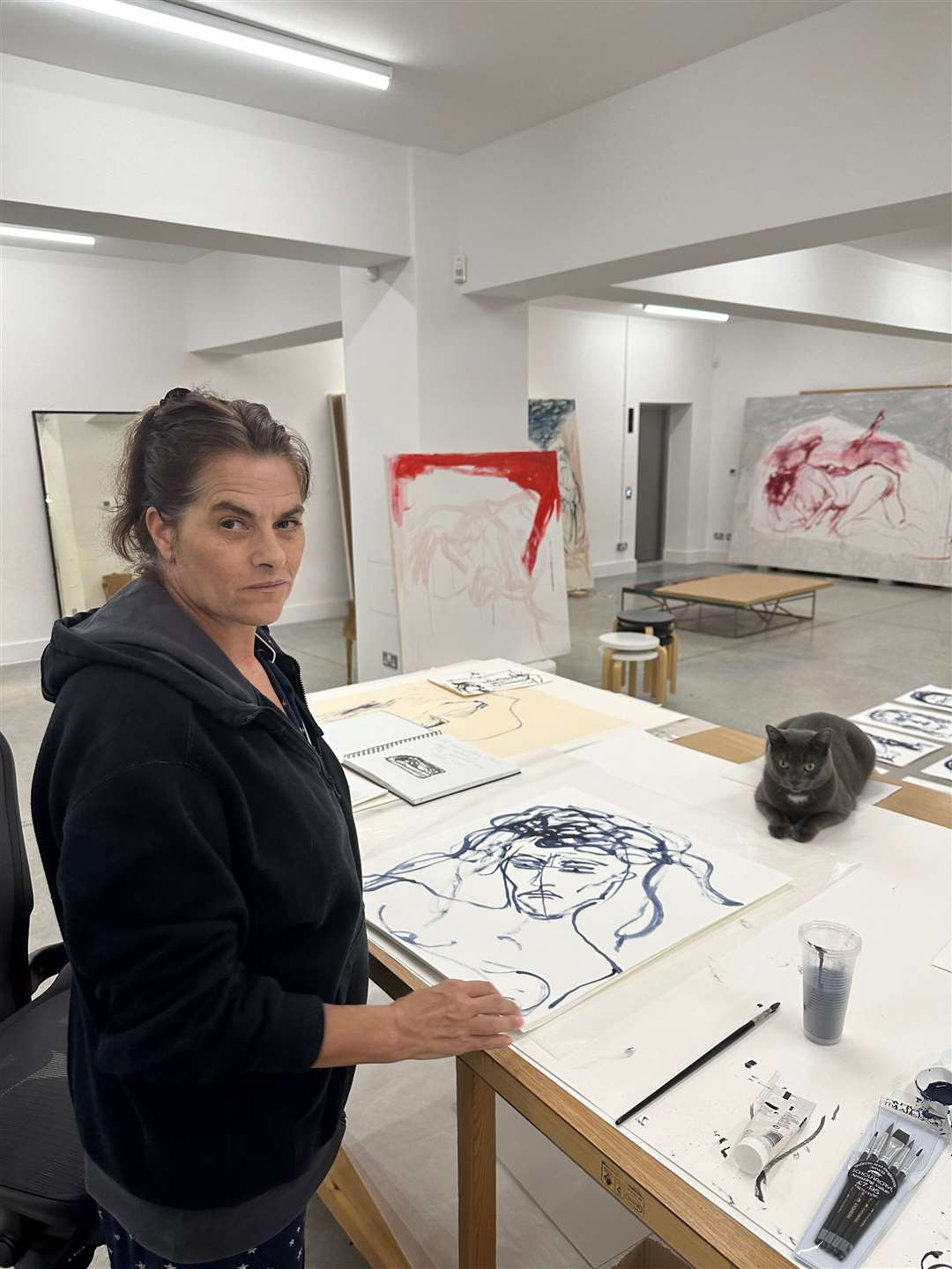 Tracey Emin in her studio creating her art piece The Doors (Harry Weller)