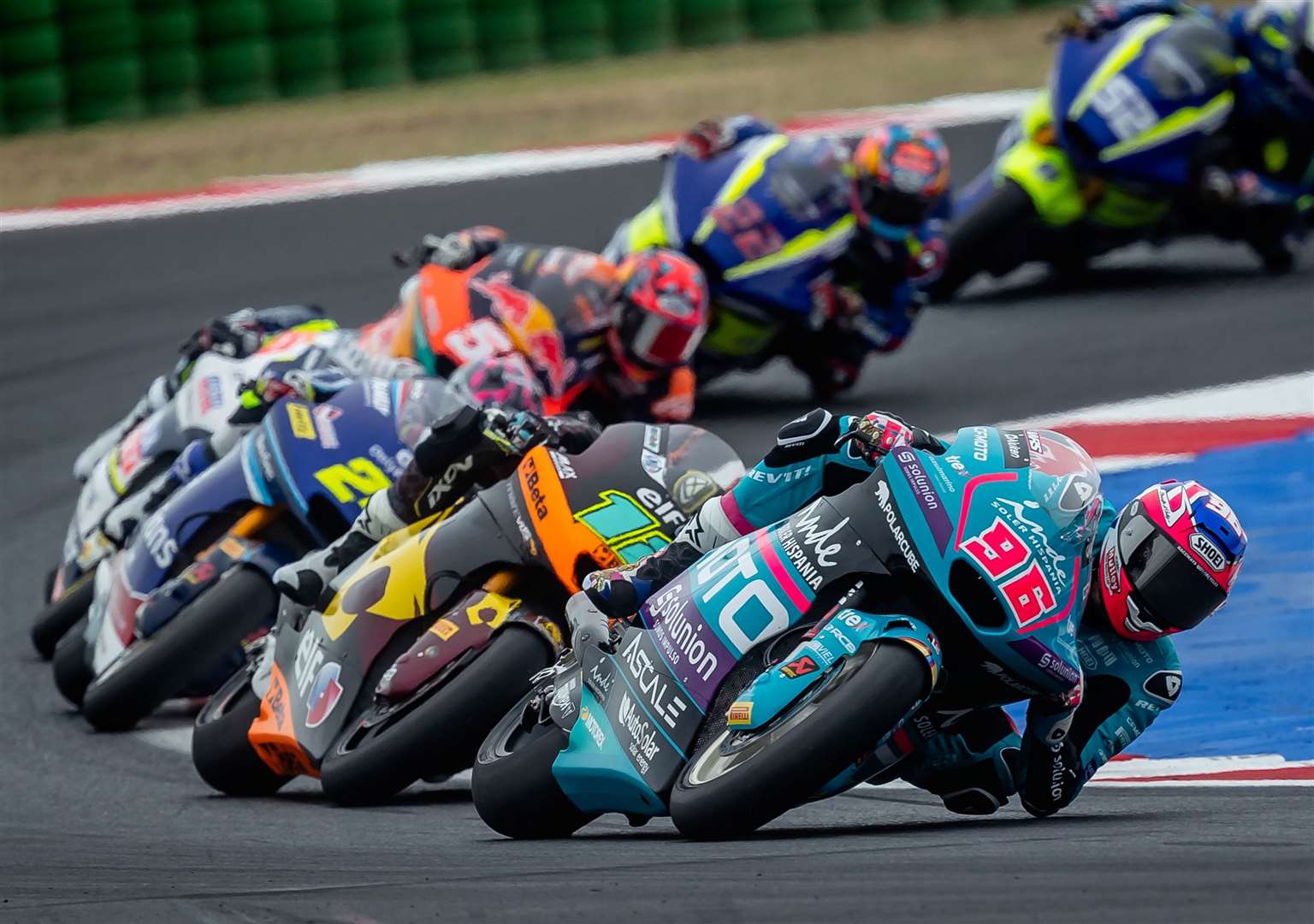 Dover's Aspar Team racer Jake Dixon (No.96) in Moto2 race action at Misano. Picture: Michael Wincott Photography