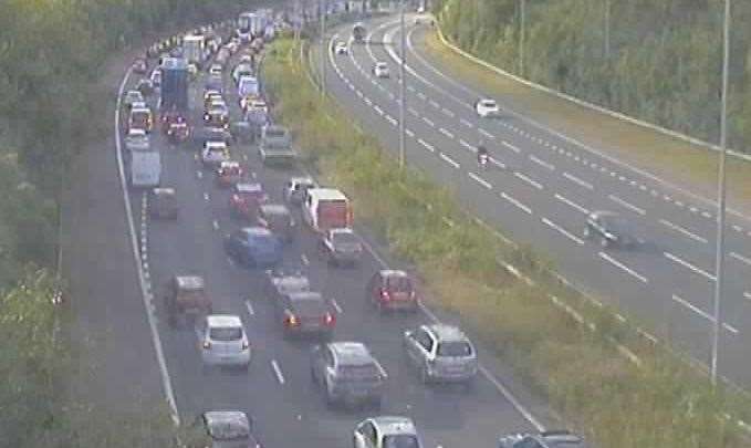 Queues built on the London-bound M2 following a crash involving a car and motorbike. Picture: Highways England