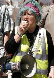 Bunny LaRoche leads the chants at a protest march in Canterbury in 2005