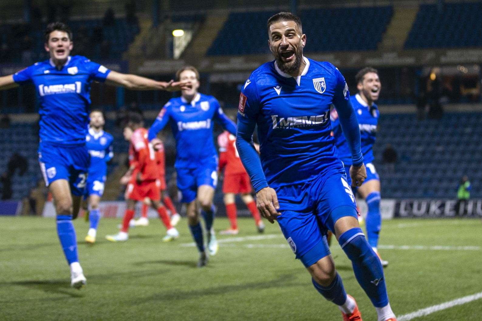 Gillingham celebrate a second goal against Dagenham in the FA Cup, something they've not managed in the league this season so far