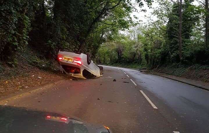 The overturned car at Old Road East, Gravesend. Picture by Peter Rudolph (9277520)