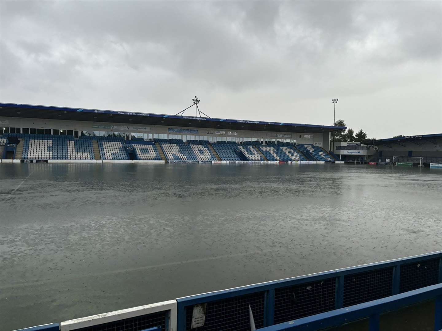 Flooding at the SEAH Stadium, home to Telford United Football Club (@LukeShelley1/PA)