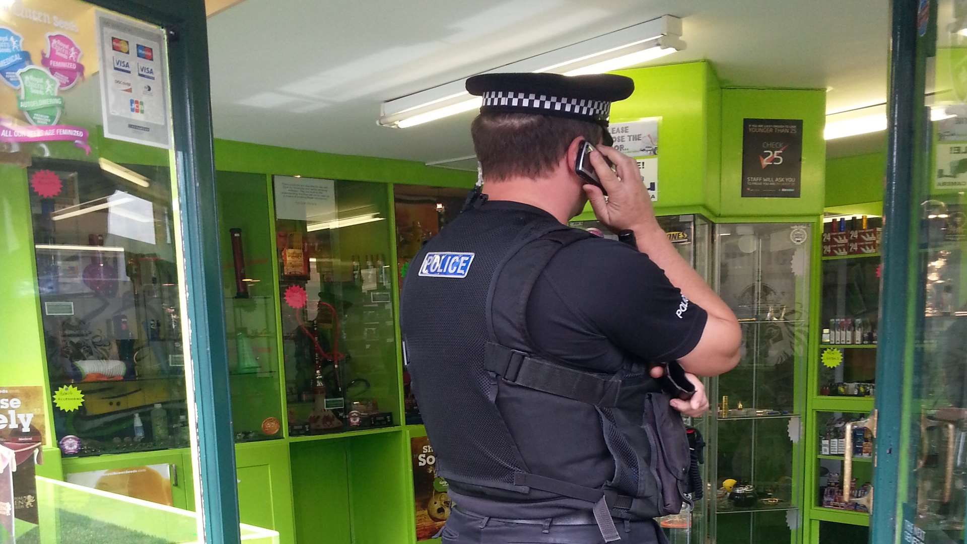 An officer stands guard at UK Skunkworks in Canterbury