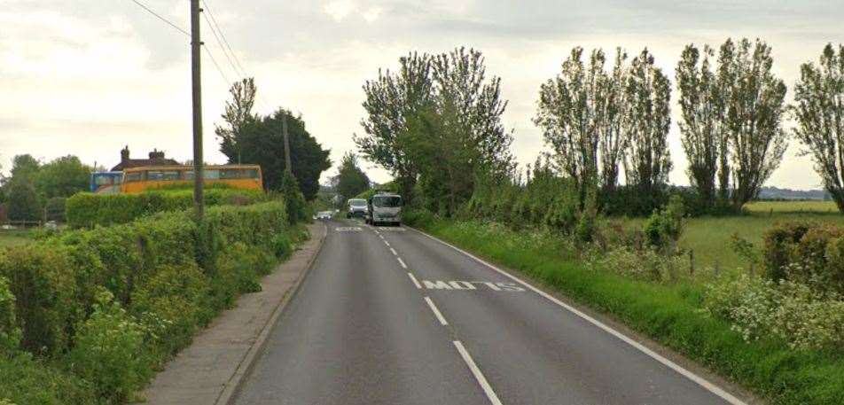 The A257 between Beaute Lane and Pedding Lane in Wingham, near Canterbury is closed following a two-car crash. Picture: Google